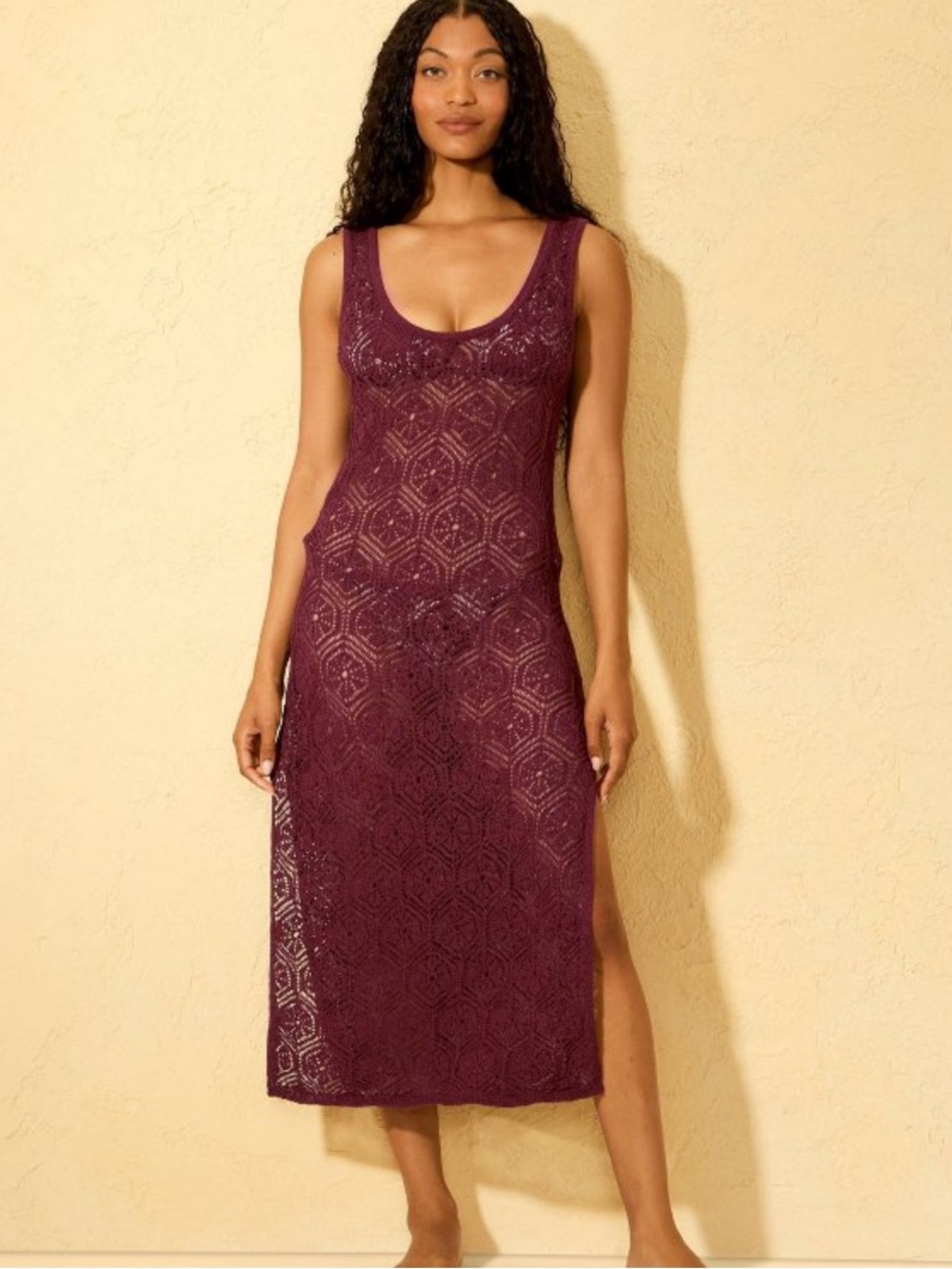 Shade & Shore Maroon / Burgundy Crochet Midi Coverup Dress